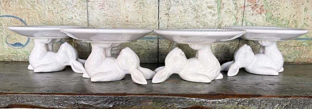 Pottery Barn Best Bunnies Cupcake Stand Set of 4 White Ceramic Easter Pedestals